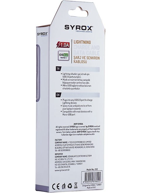 Syrox C02 Lightning 1.0A Charging and Data Cable - 1 m  - Image 3