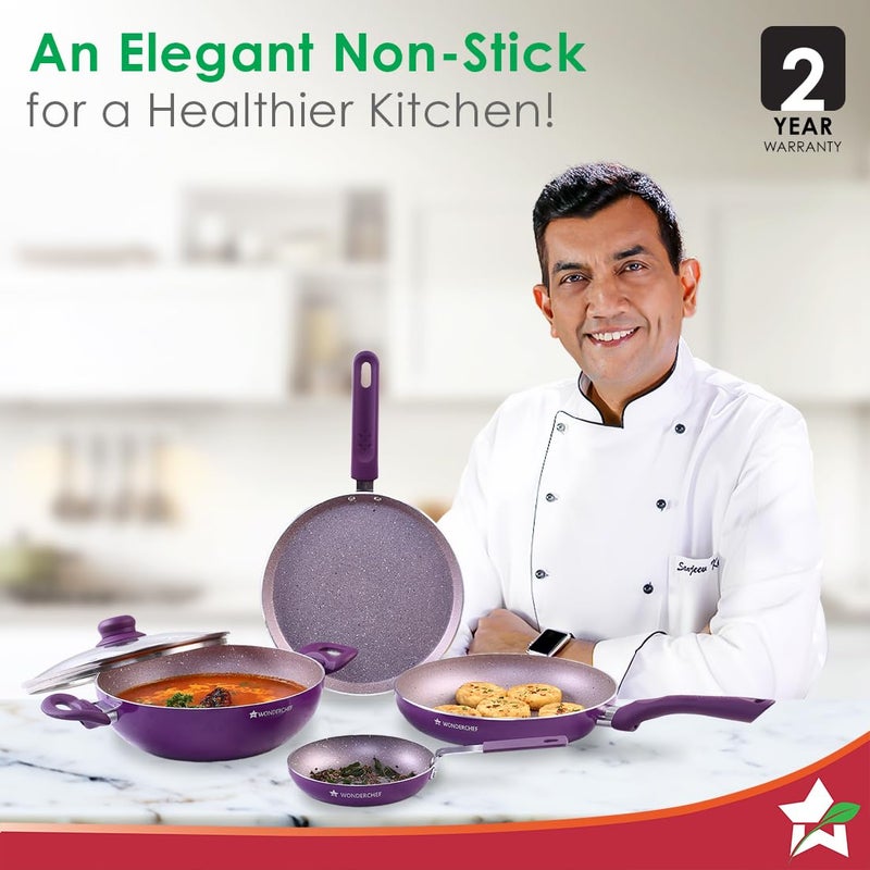 Wonderchef طقم أواني الطهي غير اللاصقة 5 قطع من وندر شيف رويال فيلفت، مقلاة مع غطاء، كادهاي، طاسة دوسا، مقلاة صغيرة | جاهز للاستخدام على الحث | مقابض ناعمة الملمس | ألمنيوم عذري غير سام | سمك 3 مم | ضمان لمدة سنتين | بنفسجي - Image 2
