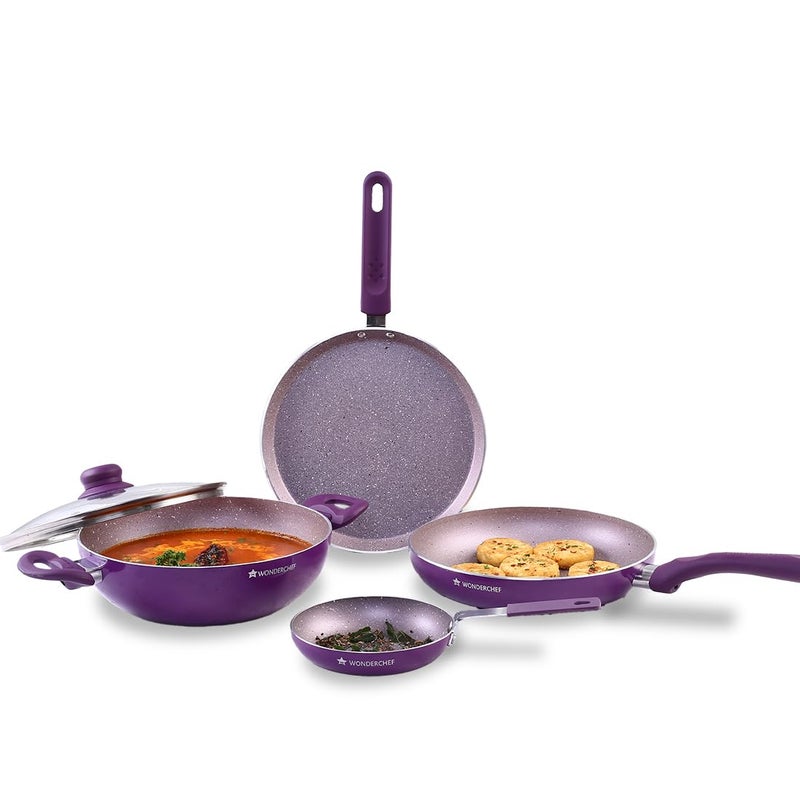 Wonderchef طقم أواني الطهي غير اللاصقة 5 قطع من وندر شيف رويال فيلفت، مقلاة مع غطاء، كادهاي، طاسة دوسا، مقلاة صغيرة | جاهز للاستخدام على الحث | مقابض ناعمة الملمس | ألمنيوم عذري غير سام | سمك 3 مم | ضمان لمدة سنتين | بنفسجي - Image 1