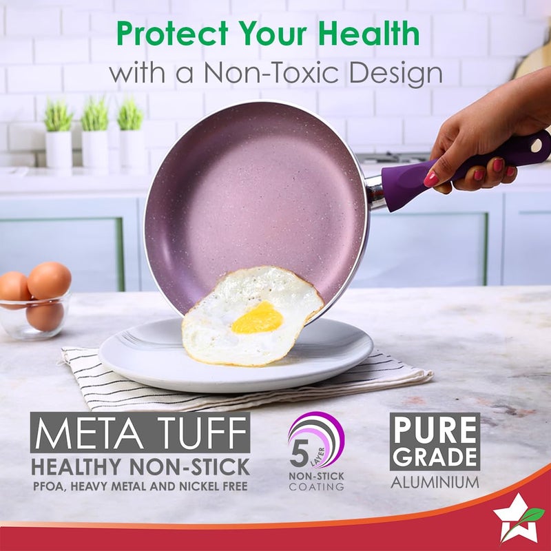 Wonderchef طقم أواني الطهي غير اللاصقة 5 قطع من وندر شيف رويال فيلفت، مقلاة مع غطاء، كادهاي، طاسة دوسا، مقلاة صغيرة | جاهز للاستخدام على الحث | مقابض ناعمة الملمس | ألمنيوم عذري غير سام | سمك 3 مم | ضمان لمدة سنتين | بنفسجي - Image 3