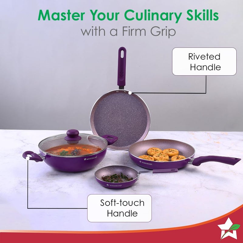 Wonderchef طقم أواني الطهي غير اللاصقة 5 قطع من وندر شيف رويال فيلفت، مقلاة مع غطاء، كادهاي، طاسة دوسا، مقلاة صغيرة | جاهز للاستخدام على الحث | مقابض ناعمة الملمس | ألمنيوم عذري غير سام | سمك 3 مم | ضمان لمدة سنتين | بنفسجي - Image 5