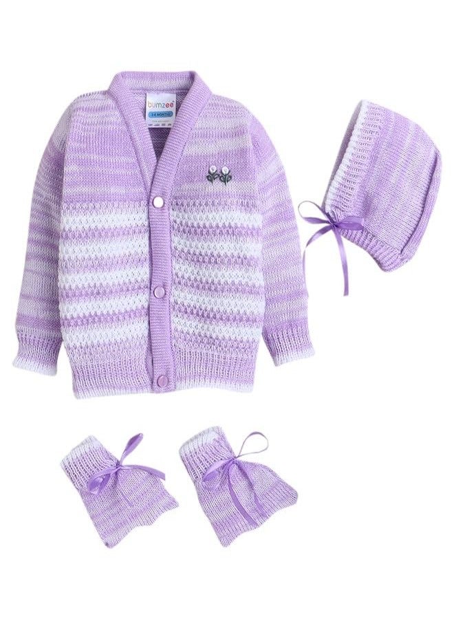 BUMZEE Lavender Baby Girls Full Sleeves Woolen Sweater with Cap & Socks Age - 6-12 Months (Peb10062D-lvd) - Image 1