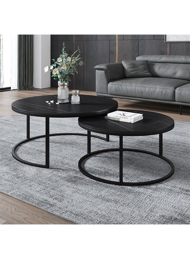 Dining Coffee Table Sets, 2 End Tables with Metal Frame and Legs, Round Sofa Tea Table Faux Marble Nesting Modern Side Desk Center Table for Home Office Living Room (Black, CJ022) - Image 1