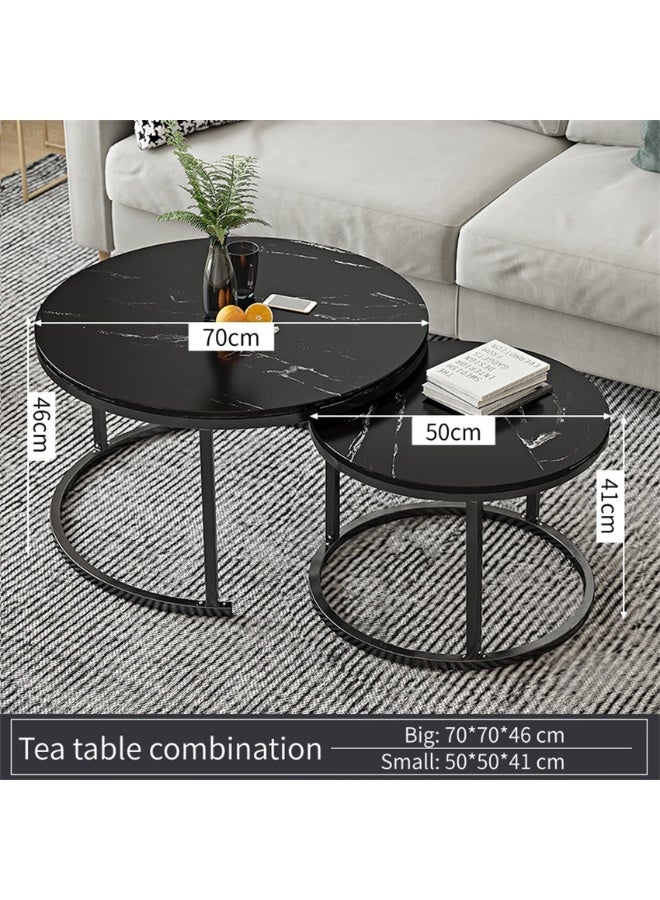 Dining Coffee Table Sets, 2 End Tables with Metal Frame and Legs, Round Sofa Tea Table Faux Marble Nesting Modern Side Desk Center Table for Home Office Living Room (Black, CJ022) - Image 2