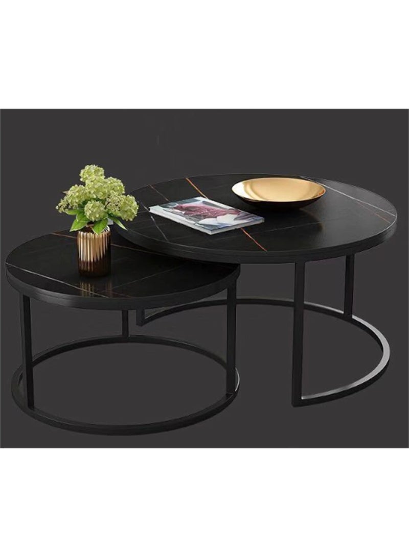 Dining Coffee Table Sets, 2 End Tables with Metal Frame and Legs, Round Sofa Tea Table Faux Marble Nesting Modern Side Desk Center Table for Home Office Living Room (Black, CJ022) - Image 3