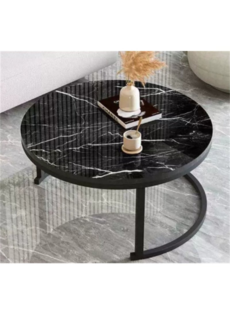 Dining Coffee Table Sets, 2 End Tables with Metal Frame and Legs, Round Sofa Tea Table Faux Marble Nesting Modern Side Desk Center Table for Home Office Living Room (Black, CJ022) - Image 4