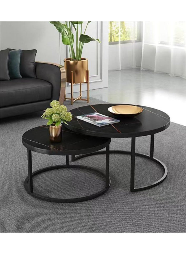 Dining Coffee Table Sets, 2 End Tables with Metal Frame and Legs, Round Sofa Tea Table Faux Marble Nesting Modern Side Desk Center Table for Home Office Living Room (Black, CJ022) - Image 5