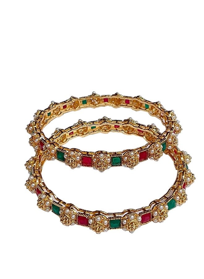 DENICRAAS Set of 2 Traditional Gold Plated Bangles with Meenakari, Polki, and Pearl Detailing- Bangles for women (2.10) - Image 1