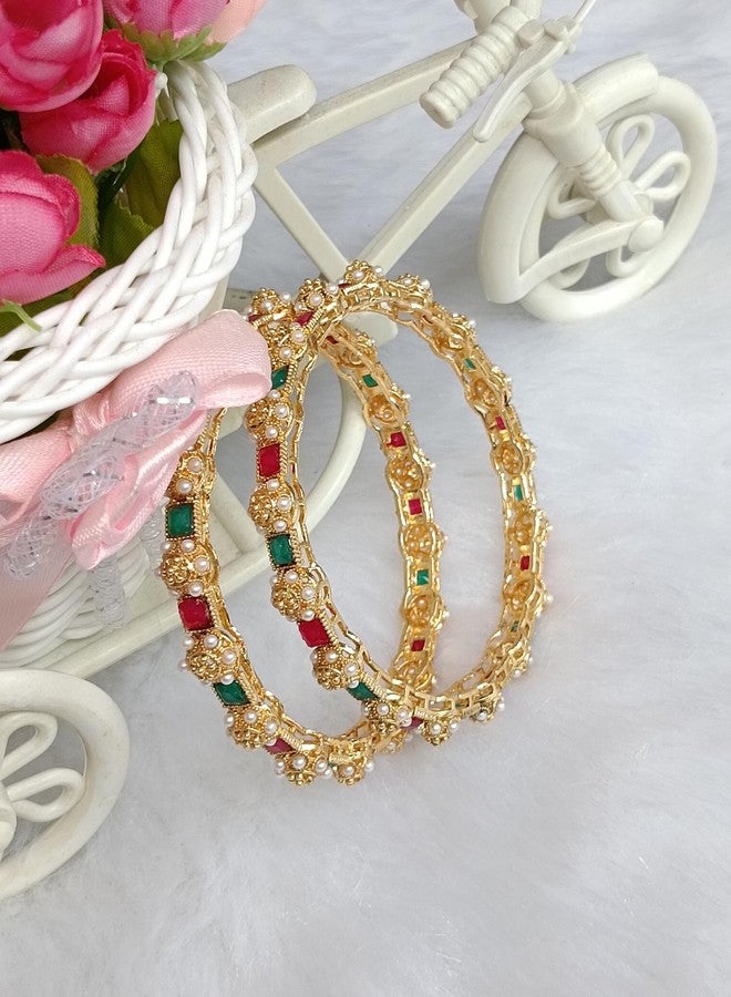 DENICRAAS Set of 2 Traditional Gold Plated Bangles with Meenakari, Polki, and Pearl Detailing- Bangles for women (2.10) - Image 4