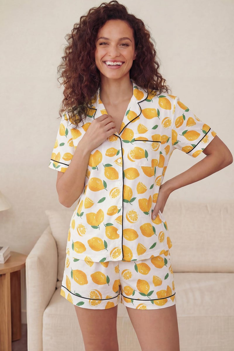 LUBOT 100% Cotton Pajamas for Women PJ Set with Pockets Ladies Soft Button-Down Short Sleeve 2 Piece Knit Summer Printed Pattern Night Suit Sleepwear Loungewear (Lemon, XS) - Image 3