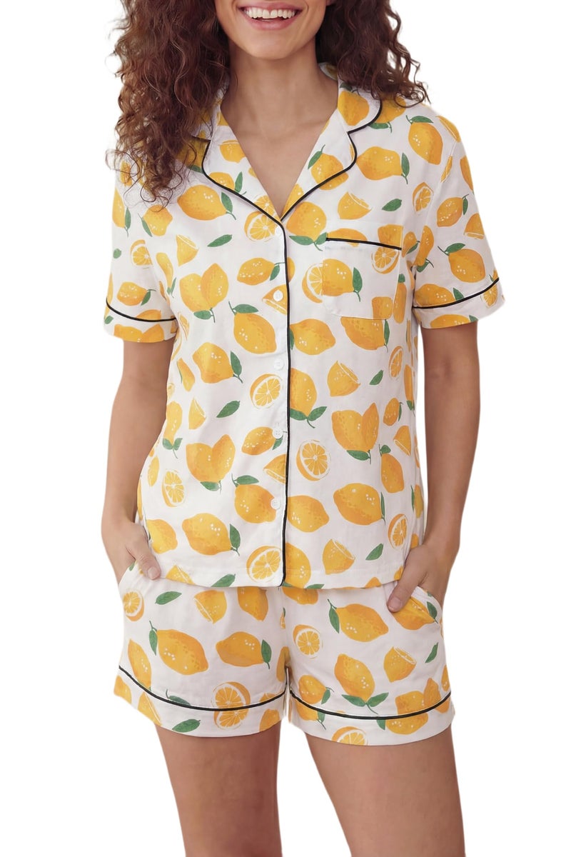 LUBOT 100% Cotton Pajamas for Women PJ Set with Pockets Ladies Soft Button-Down Short Sleeve 2 Piece Knit Summer Printed Pattern Night Suit Sleepwear Loungewear (Lemon, XS) - Image 1