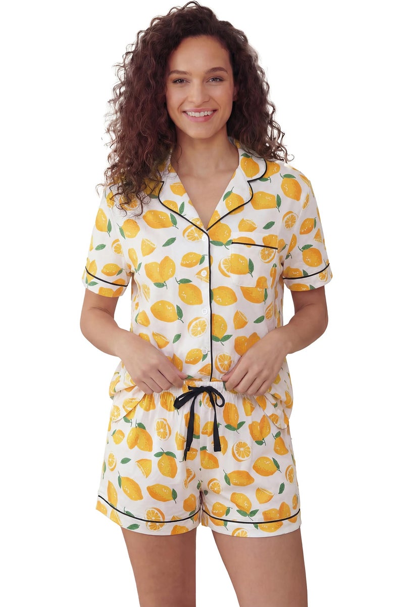 LUBOT 100% Cotton Pajamas for Women PJ Set with Pockets Ladies Soft Button-Down Short Sleeve 2 Piece Knit Summer Printed Pattern Night Suit Sleepwear Loungewear (Lemon, XS) - Image 2