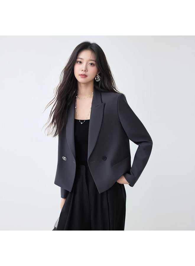 TELUOMAN Troeman Women's Short Casual Blazer Autumn  New Commuter Ol French Style Elegant Dark Gray Suit Jacket - Image 1