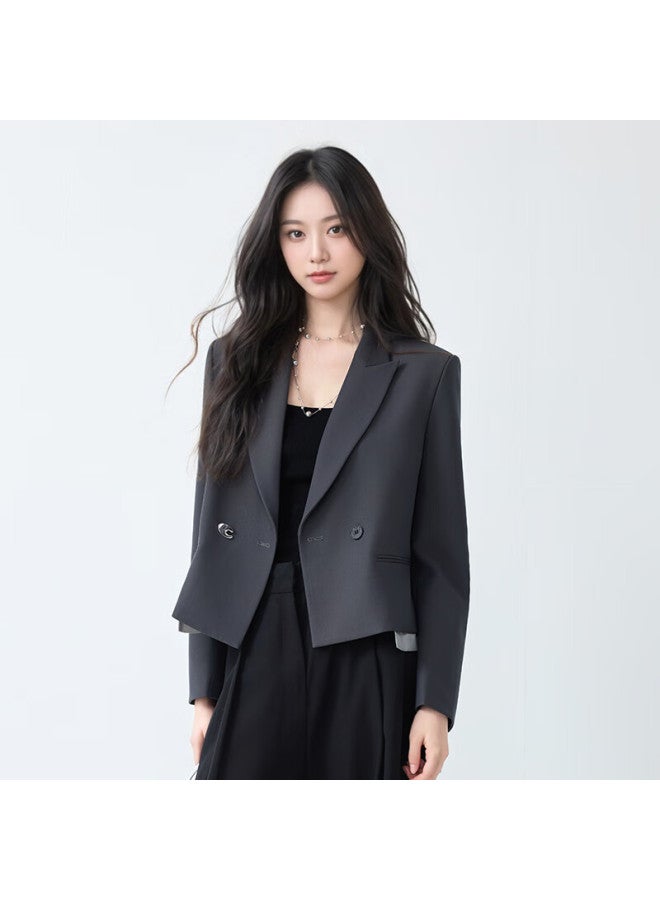 TELUOMAN Troeman Women's Short Casual Blazer Autumn  New Commuter Ol French Style Elegant Dark Gray Suit Jacket - Image 4