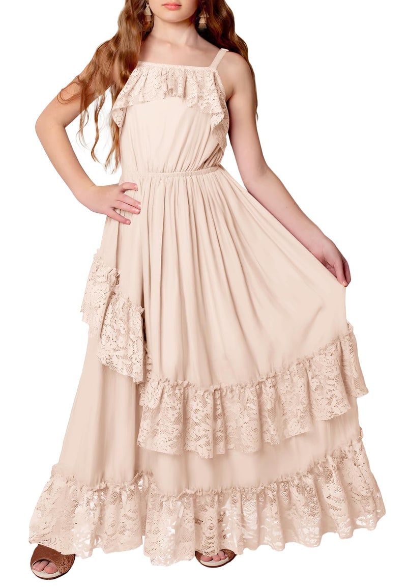 MITILLY Girls Summer Boho Beach Flower Maxi Dress Vintage Spaghetti Strap Lace Ruffle Neutral Dresses for Family Photo Size 8 Beige - Image 1