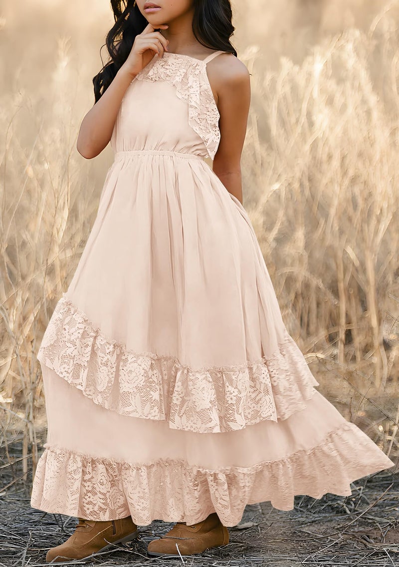 MITILLY Girls Summer Boho Beach Flower Maxi Dress Vintage Spaghetti Strap Lace Ruffle Neutral Dresses for Family Photo Size 8 Beige - Image 2