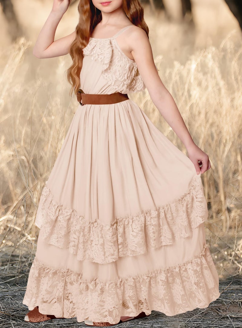MITILLY Girls Summer Boho Beach Flower Maxi Dress Vintage Spaghetti Strap Lace Ruffle Neutral Dresses for Family Photo Size 8 Beige - Image 5