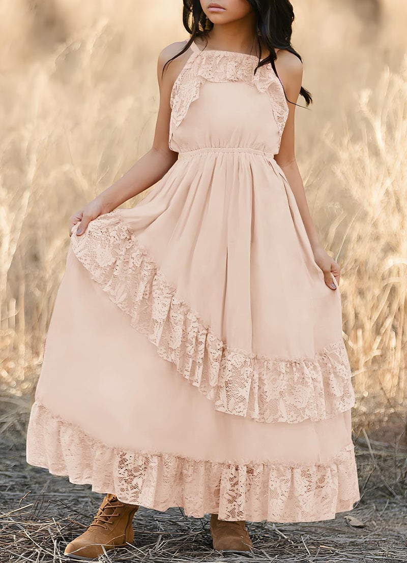 MITILLY Girls Summer Boho Beach Flower Maxi Dress Vintage Spaghetti Strap Lace Ruffle Neutral Dresses for Family Photo Size 8 Beige - Image 3