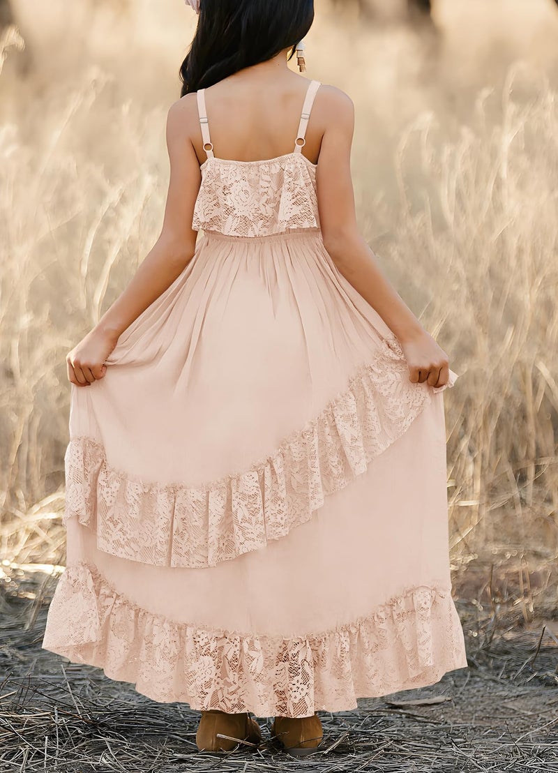 MITILLY Girls Summer Boho Beach Flower Maxi Dress Vintage Spaghetti Strap Lace Ruffle Neutral Dresses for Family Photo Size 8 Beige - Image 4