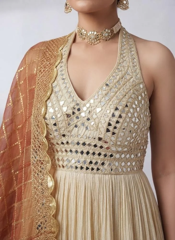 Viny VINY Ivory Halter Neck Mirror Work Embellished Suit Set – Women's Indian Ethnic Wear