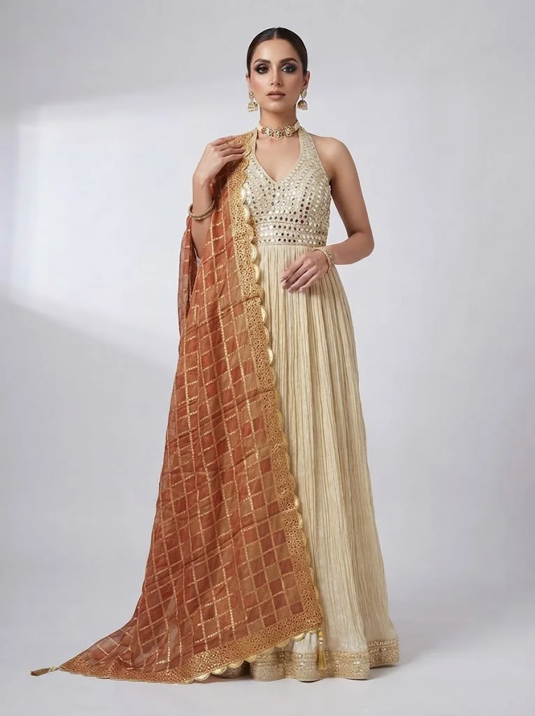 VINY Ivory Halter Neck Mirror Work Embellished Suit Set – Women's Indian Ethnic Wear