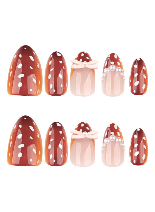 New product! Autumn Brown Press-On Nails | Short Almond Fake Nails with White Polka Dots | Daily Commute & Fall Gathering Essential - Image 1