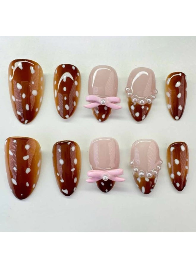 New product! Autumn Brown Press-On Nails | Short Almond Fake Nails with White Polka Dots | Daily Commute & Fall Gathering Essential - Image 5