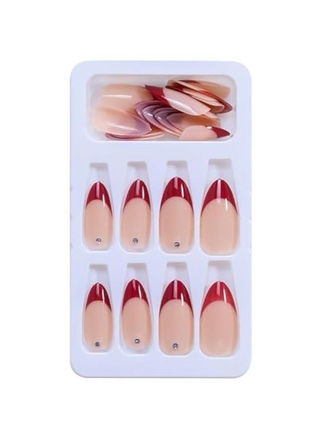 جلامكيت 24-Piece Red Fake Nails with Rhinestone Include Jelly Stickers and Nail File, Almond Shaped for Women - Image 3