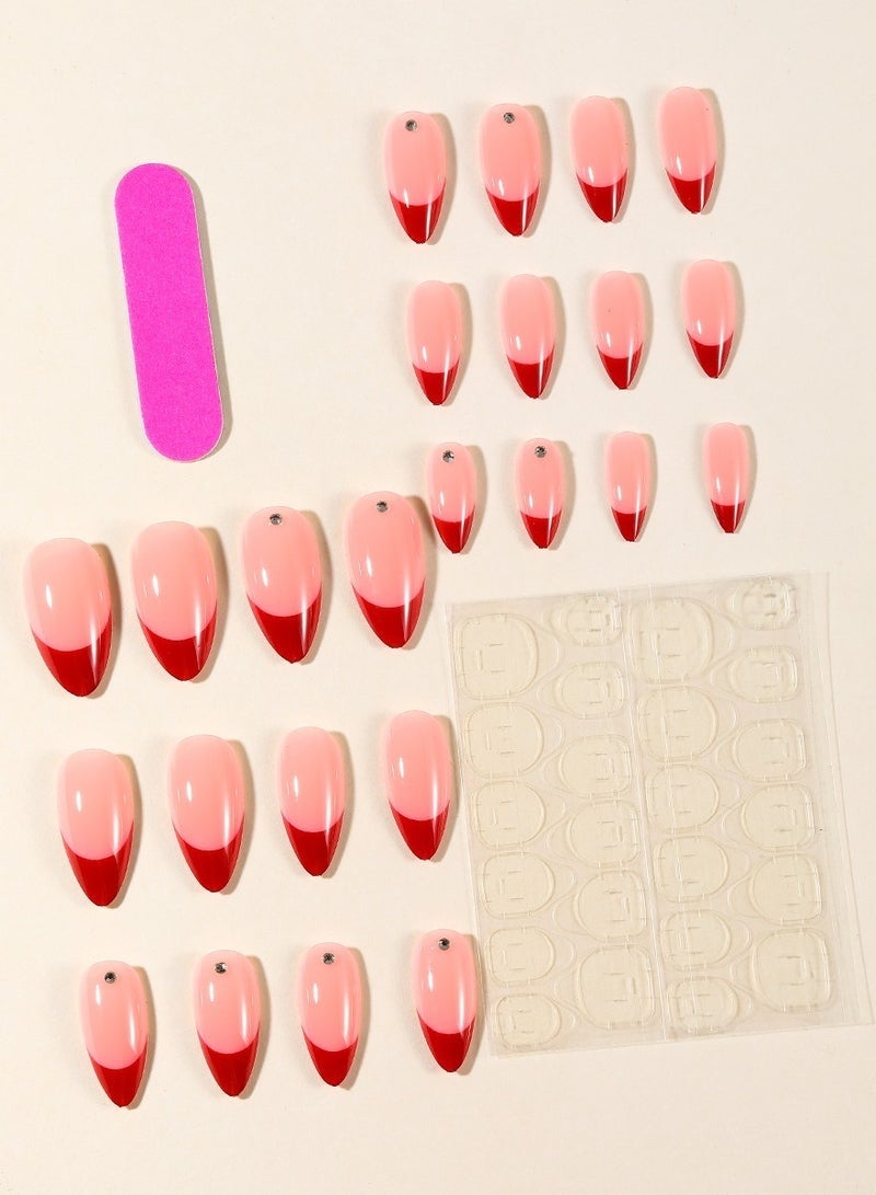 جلامكيت 24-Piece Red Fake Nails with Rhinestone Include Jelly Stickers and Nail File, Almond Shaped for Women - Image 5