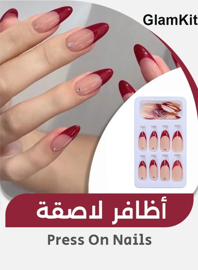 جلامكيت 24-Piece Red Fake Nails with Rhinestone Include Jelly Stickers and Nail File, Almond Shaped for Women - Image 1