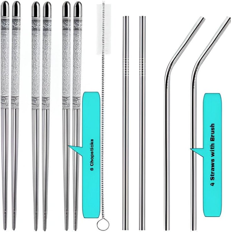 Zelwie Stainless Steel Vietnamese Eating Chopsticks Combo Reusable Straw Kitchen Tool Set Silver Brush - Image 1