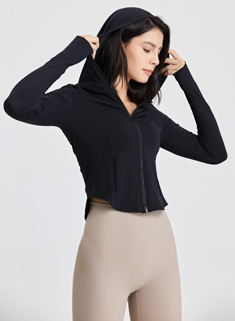 SOLARAE Women’s Zip Up Hooded Workout Jacket Long Sleeve Sun Shirt Crop Yoga Tops - Image 3