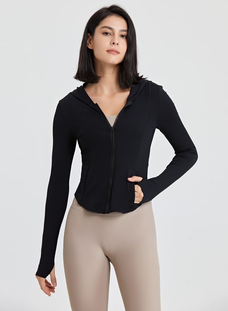 SOLARAE Women’s Zip Up Hooded Workout Jacket Long Sleeve Sun Shirt Crop Yoga Tops - Image 4