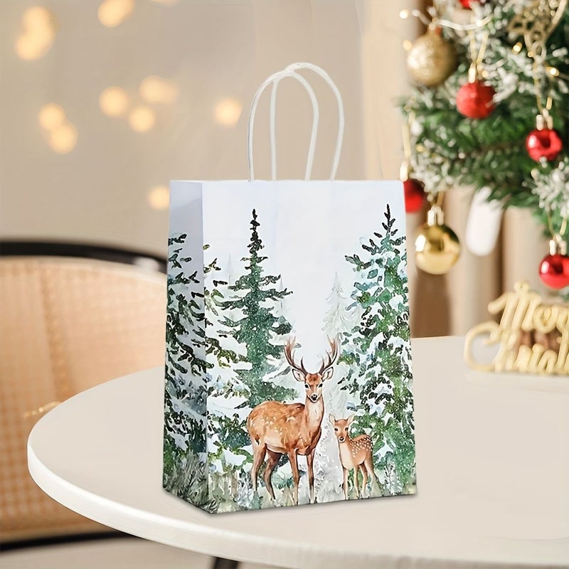 24pcs Christmas Holiday White Gift Bags High Quality Kraft Paper Tote Bags Pine Trees Snowflakes And Deer Design For Birthday Party Favors And Holiday Shopping - Image 2