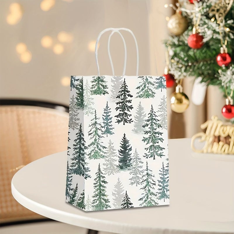 24pcs Christmas Holiday White Gift Bags High Quality Kraft Paper Tote Bags Pine Trees Snowflakes And Deer Design For Birthday Party Favors And Holiday Shopping - Image 4