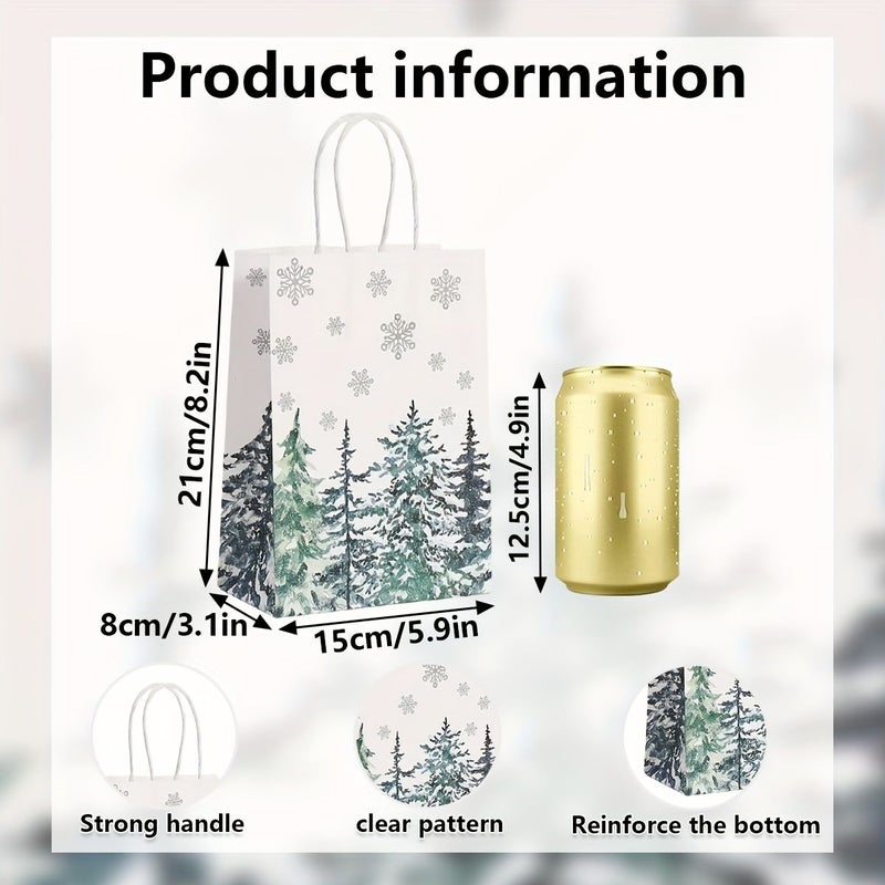 24pcs Christmas Holiday White Gift Bags High Quality Kraft Paper Tote Bags Pine Trees Snowflakes And Deer Design For Birthday Party Favors And Holiday Shopping - Image 3