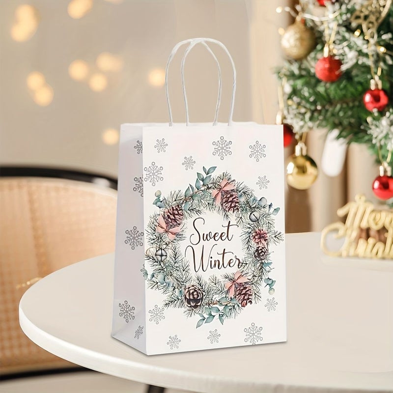 24pcs Christmas Holiday White Gift Bags High Quality Kraft Paper Tote Bags Pine Trees Snowflakes And Deer Design For Birthday Party Favors And Holiday Shopping - Image 5