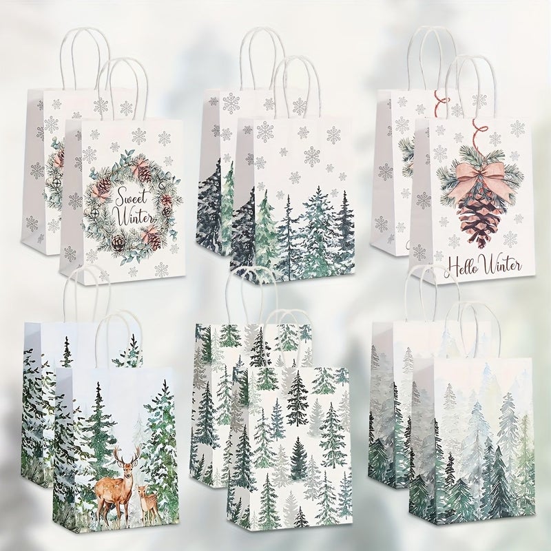 24pcs Christmas Holiday White Gift Bags High Quality Kraft Paper Tote Bags Pine Trees Snowflakes And Deer Design For Birthday Party Favors And Holiday Shopping - Image 1