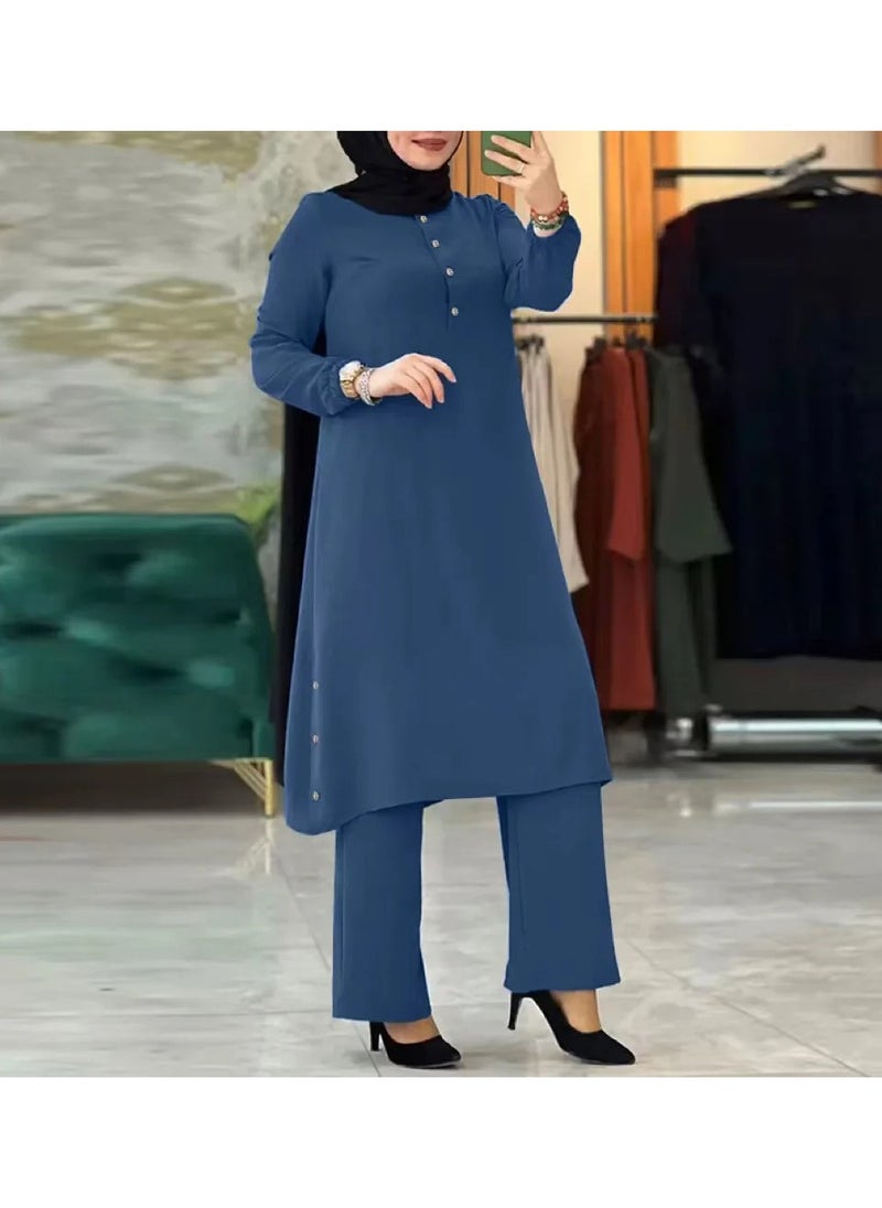 Generic - Solid Color Modest Blouse and Pants Set for Women - Image 1