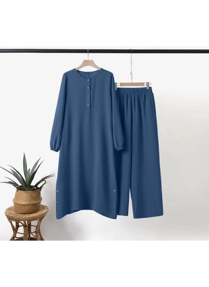 Generic - Solid Color Modest Blouse and Pants Set for Women - Image 1