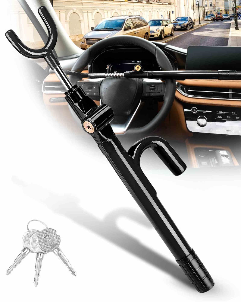 Tevlaphee Steering Wheel Lock Anti-Theft Device Security Car Lock Anti Theft Car Device Visible Antitheft Locking Devices Adjustable Car Wheel Lock for Cars with 3 Keys (Black) - Image 1