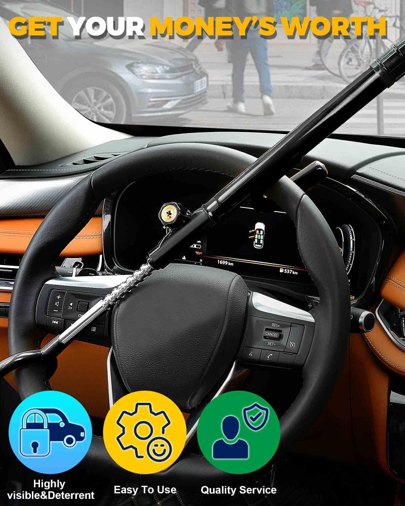 Tevlaphee Steering Wheel Lock Anti-Theft Device Security Car Lock Anti Theft Car Device Visible Antitheft Locking Devices Adjustable Car Wheel Lock for Cars with 3 Keys (Black) - Image 4
