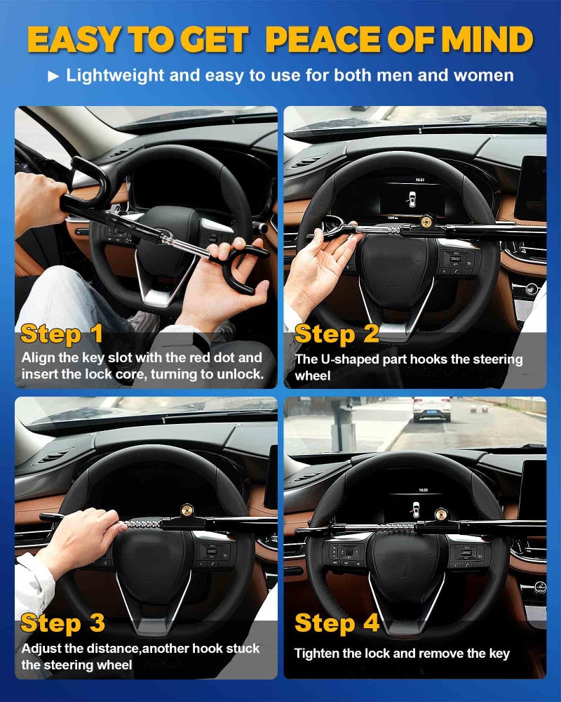 Tevlaphee Steering Wheel Lock Anti-Theft Device Security Car Lock Anti Theft Car Device Visible Antitheft Locking Devices Adjustable Car Wheel Lock for Cars with 3 Keys (Black) - Image 5