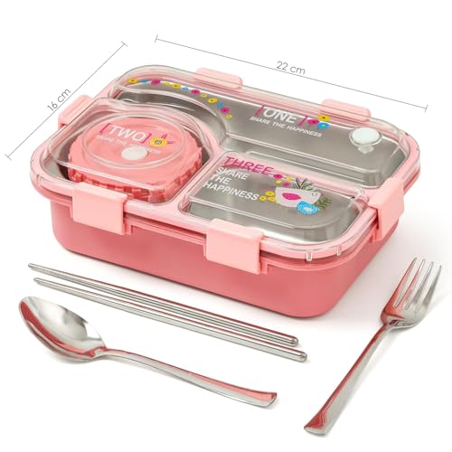 Brand Conquer Lunch Box 3 Compartment Leak-Proof BPA Free Stainless Steel for School, Lunch Box for School & Office with a Fork, a Spoon and a Pair of Chopsticks (Classic Pink, Happiness Kawaii) - Image 3
