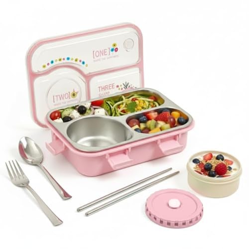 Brand Conquer Lunch Box 3 Compartment Leak-Proof BPA Free Stainless Steel for School, Lunch Box for School & Office with a Fork, a Spoon and a Pair of Chopsticks (Classic Pink, Happiness Kawaii) - Image 1