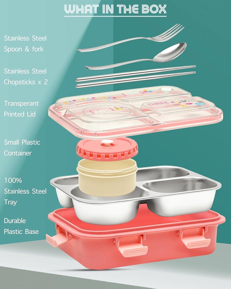 Brand Conquer Lunch Box 3 Compartment Leak-Proof BPA Free Stainless Steel for School, Lunch Box for School & Office with a Fork, a Spoon and a Pair of Chopsticks (Classic Pink, Happiness Kawaii) - Image 4