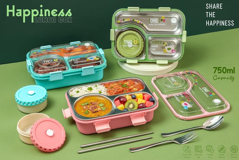 Brand Conquer Lunch Box 3 Compartment Leak-Proof BPA Free Stainless Steel for School, Lunch Box for School & Office with a Fork, a Spoon and a Pair of Chopsticks (Classic Pink, Happiness Kawaii) - Image 5