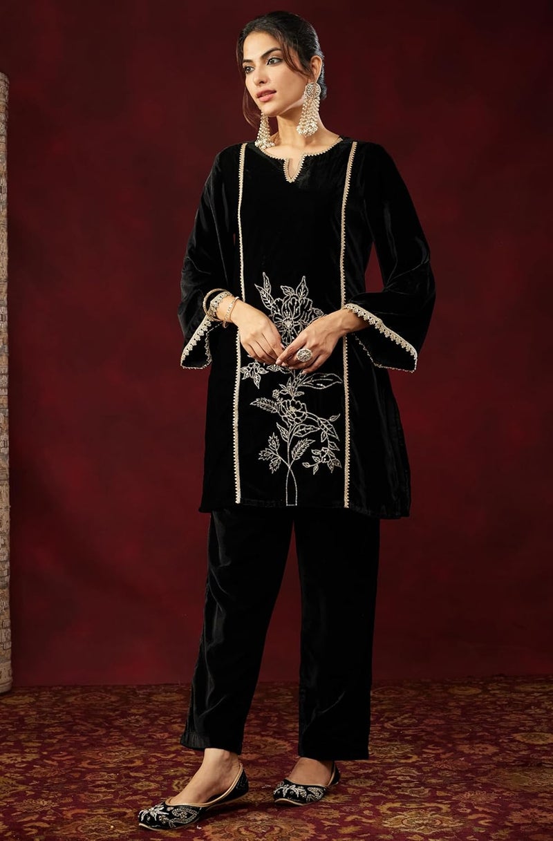 Janasya Women's Black Velvet Embroidered Straight Co-ord Set - Image 5