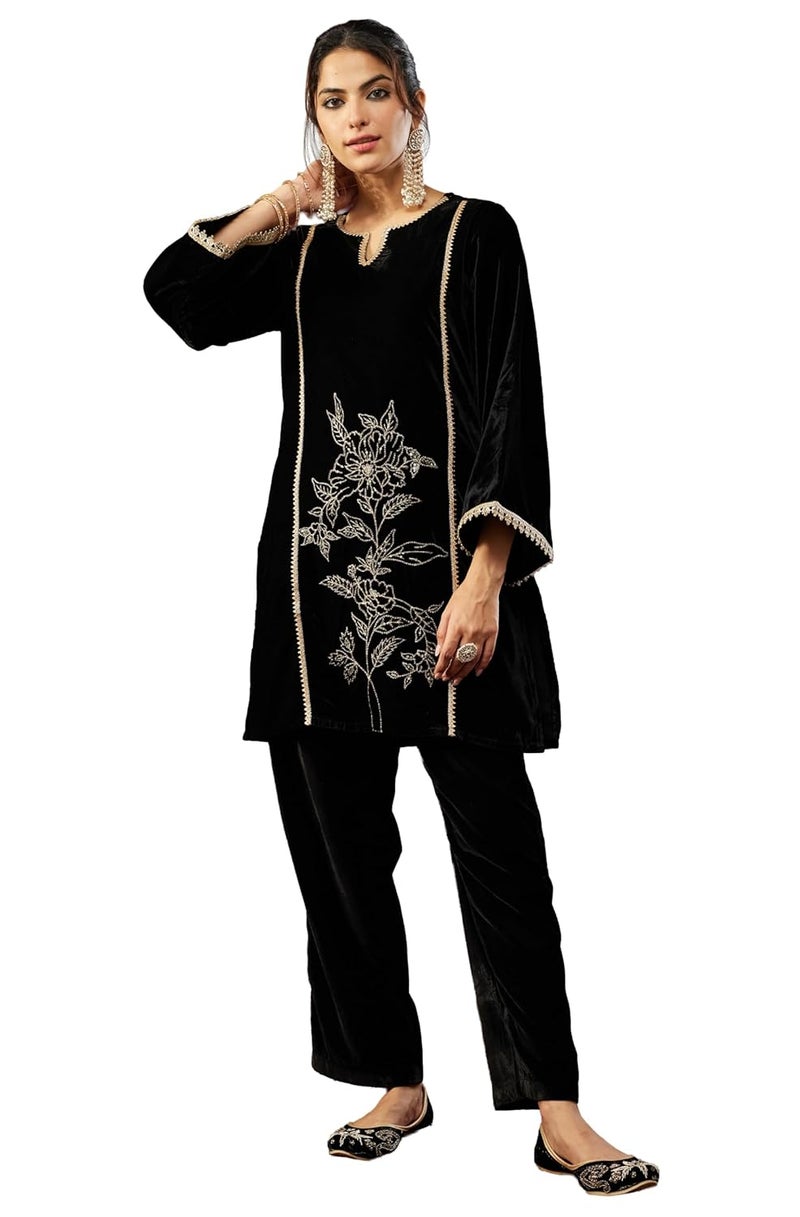 Janasya Women's Black Velvet Embroidered Straight Co-ord Set - Image 1