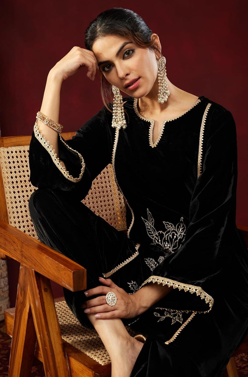 Janasya Women's Black Velvet Embroidered Straight Co-ord Set - Image 2